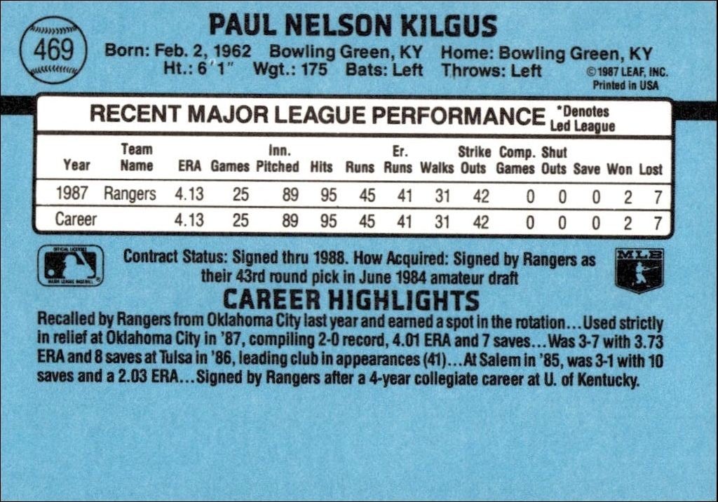 1988 Donruss Paul Kilgus #469 baseball trading card back