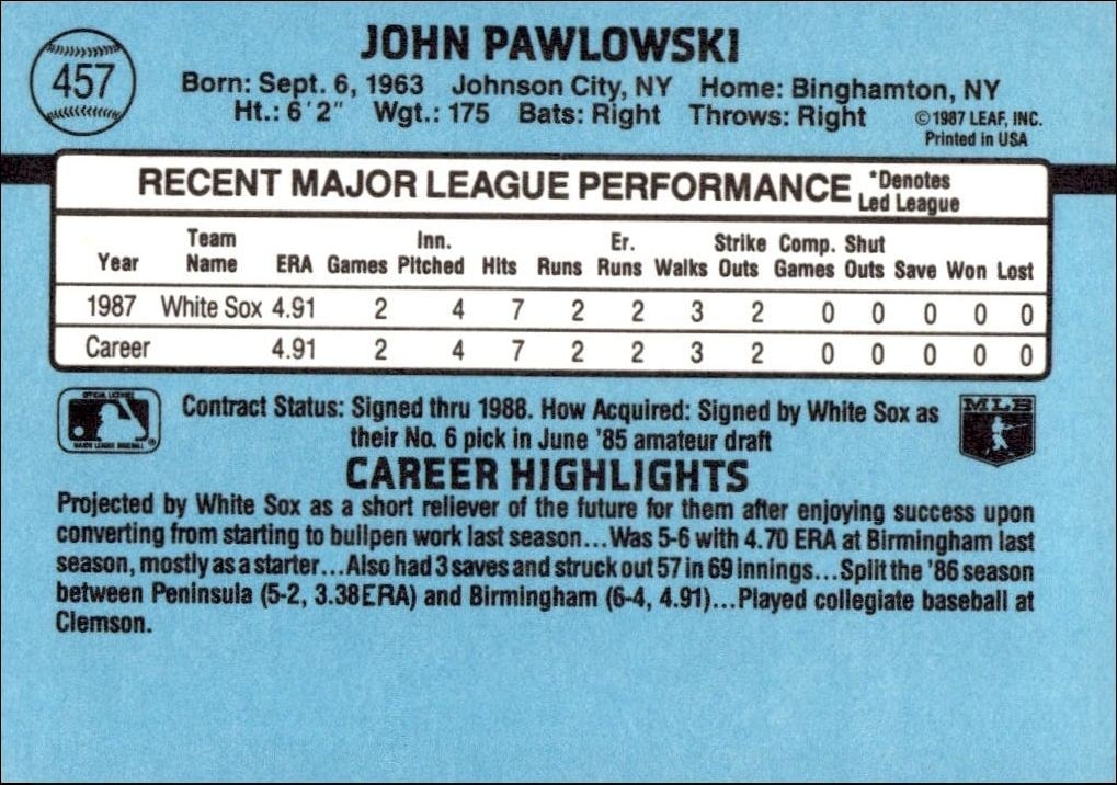 1988 Donruss John Pawlowski #457 baseball trading card back