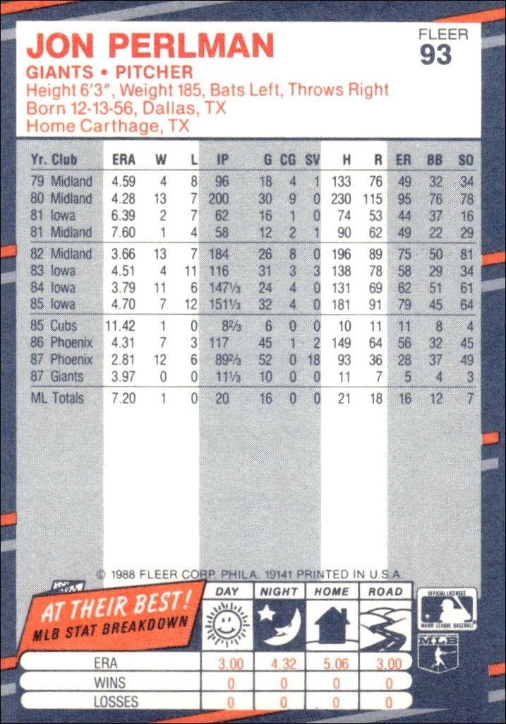 1988 Fleer Jon Perlman #93 baseball trading card back
