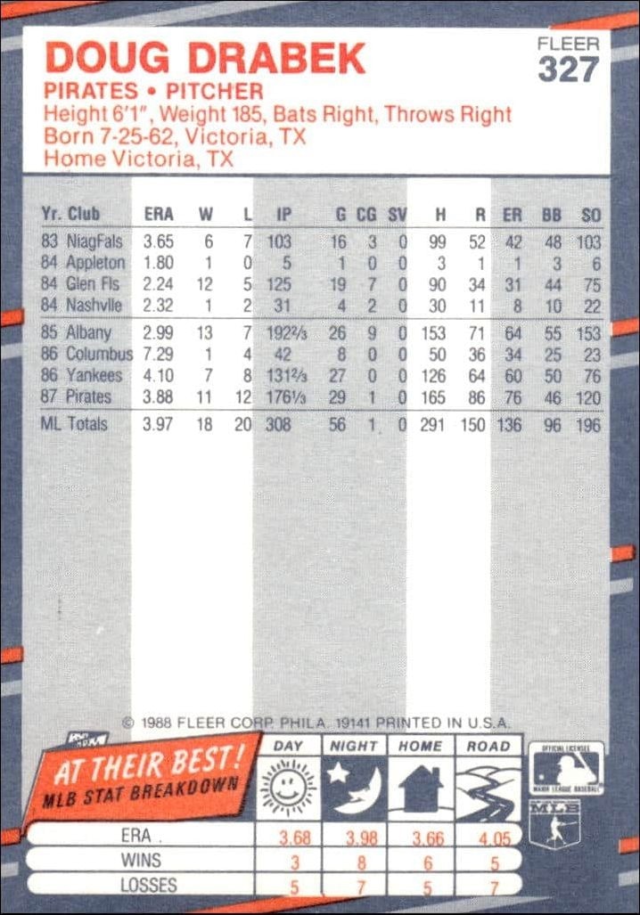 1988 Fleer Doug Drabek #327 baseball trading card back