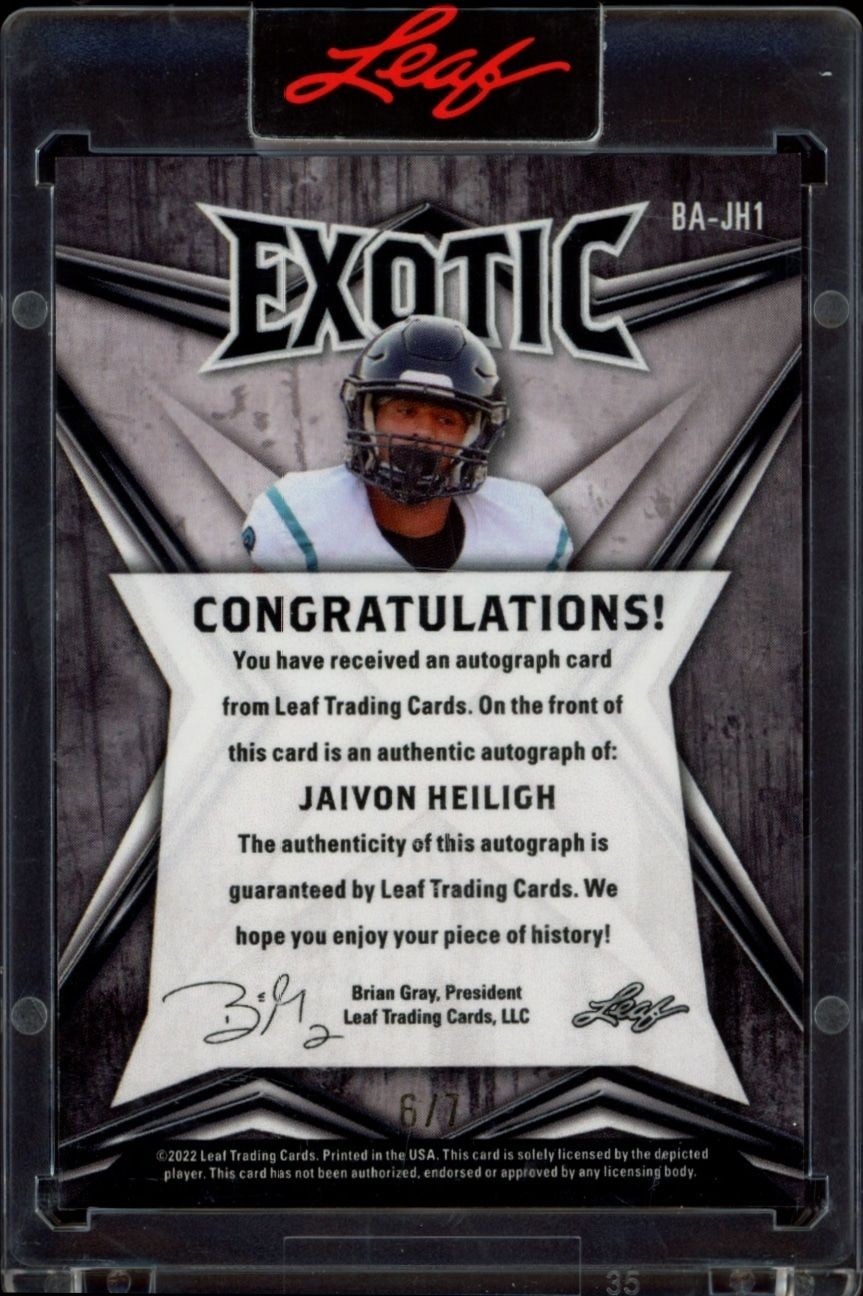 2022 Leaf Exotic Jaivon Heiligh #BA-JH1 football trading card back