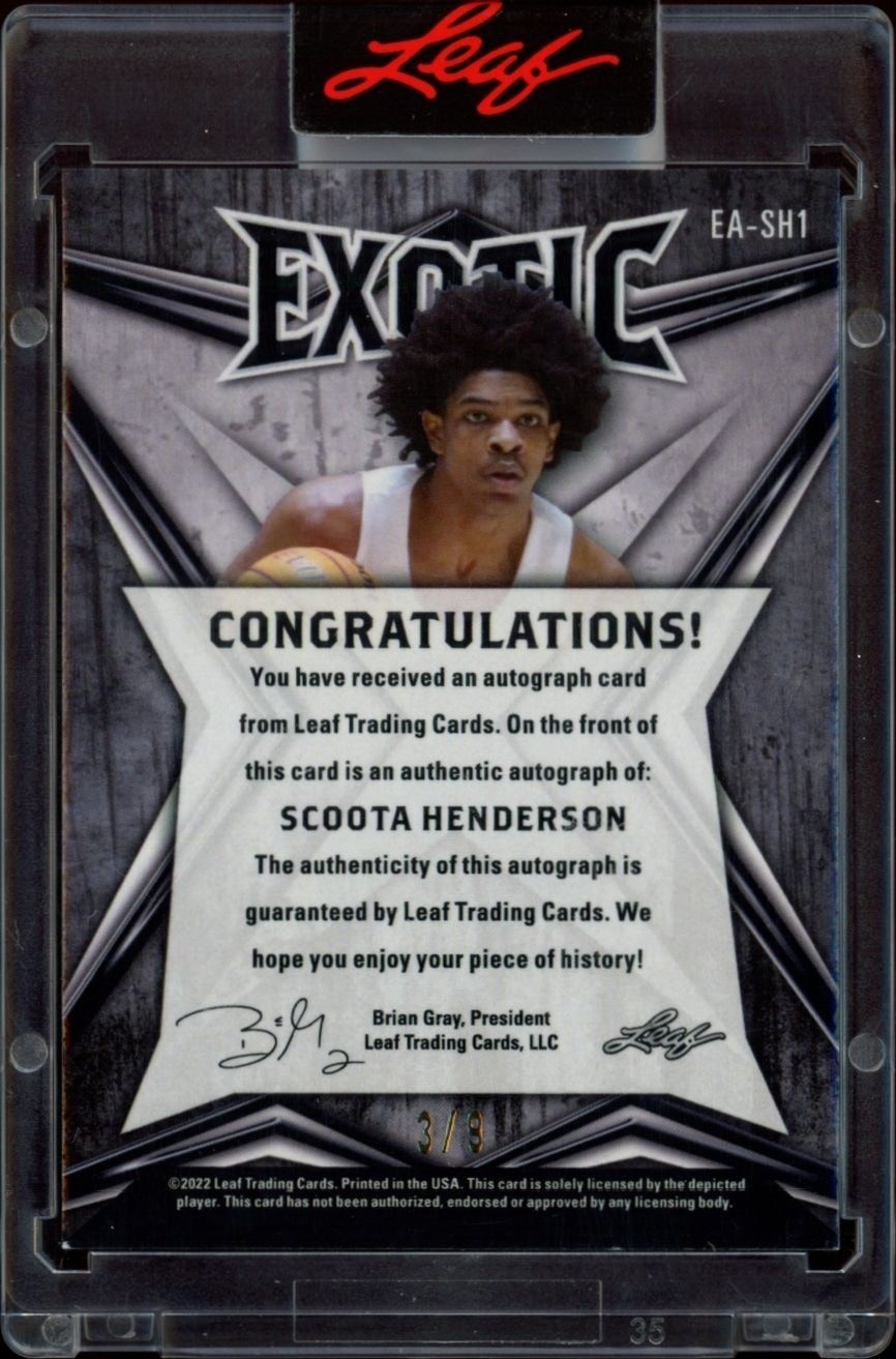 2022-23 Leaf Exotic Scoot Henderson #EA-SH1 basketball trading card back