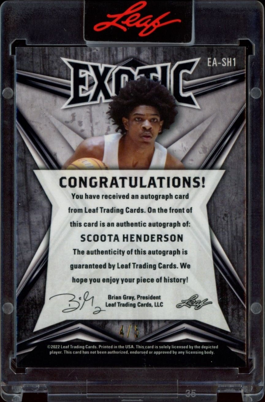 2022-23 Leaf Exotic Scoot Henderson #EA-SH1 basketball trading card back