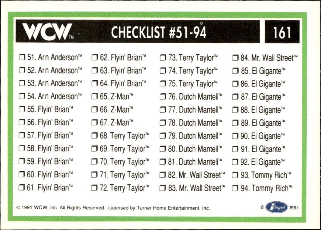 1991 Impel Checklist #161 wrestling trading card back