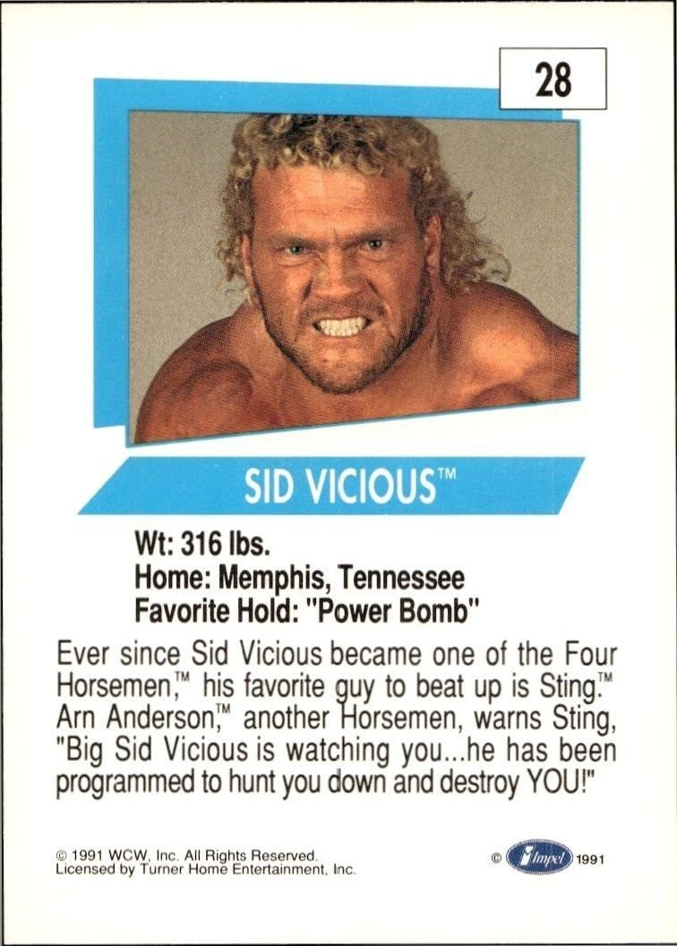 1991 Impel Sid Vicious #28 wrestling trading card back