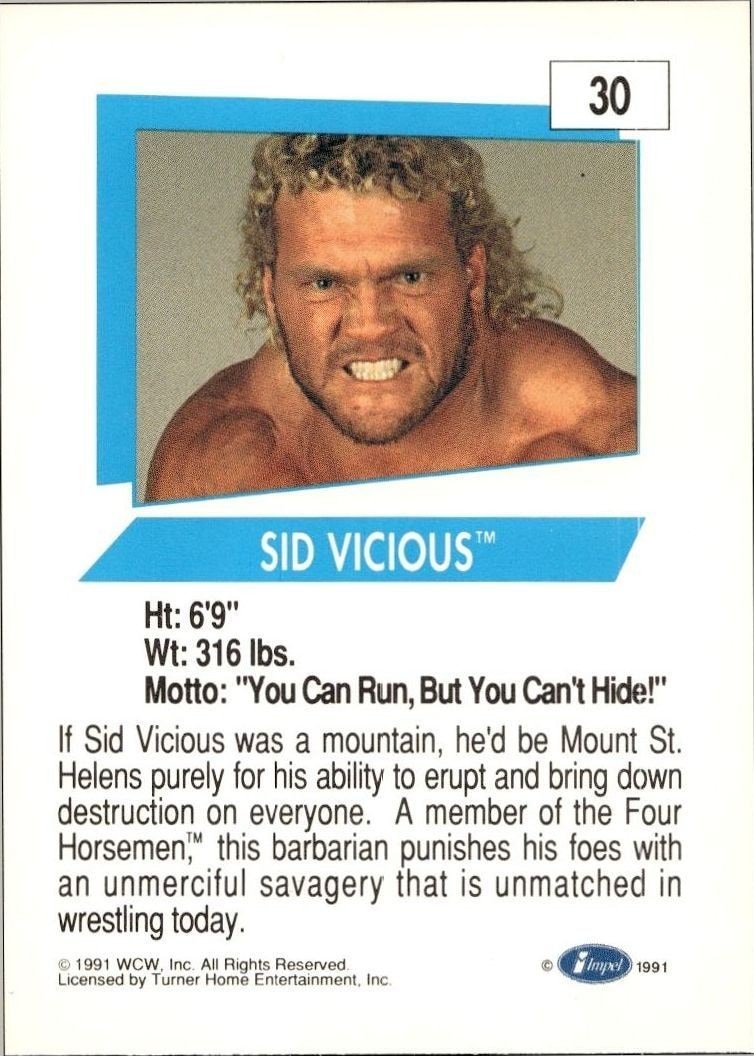 1991 Impel Sid Vicious #30 wrestling trading card back