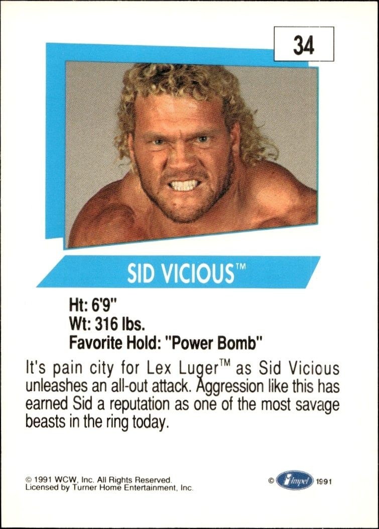 1991 Impel Sid Vicious #34 wrestling trading card back