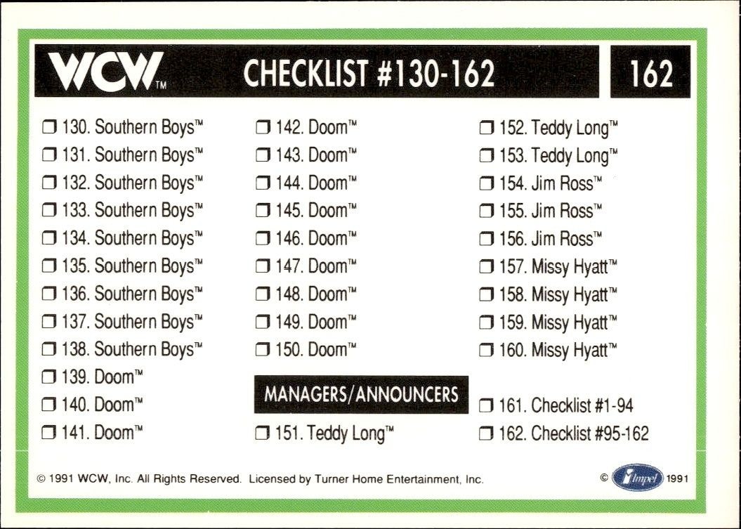 1991 Impel Checklist #162 wrestling trading card back