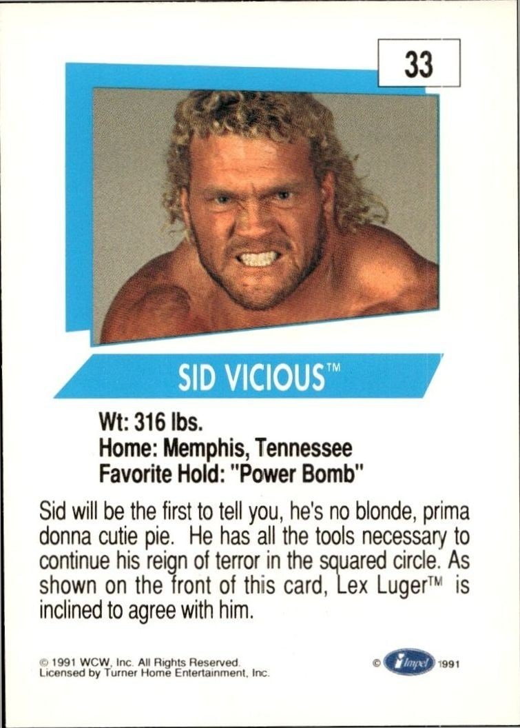 1991 Impel Sid Vicious #33 wrestling trading card back