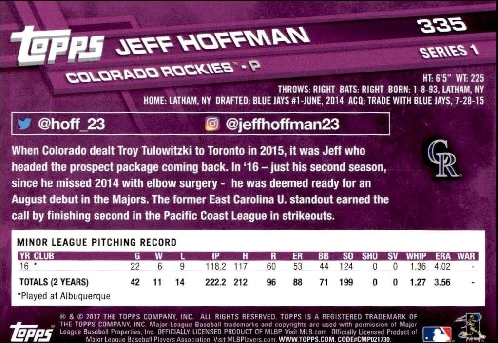 2017 Topps Jeff Hoffman #335 baseball trading card back