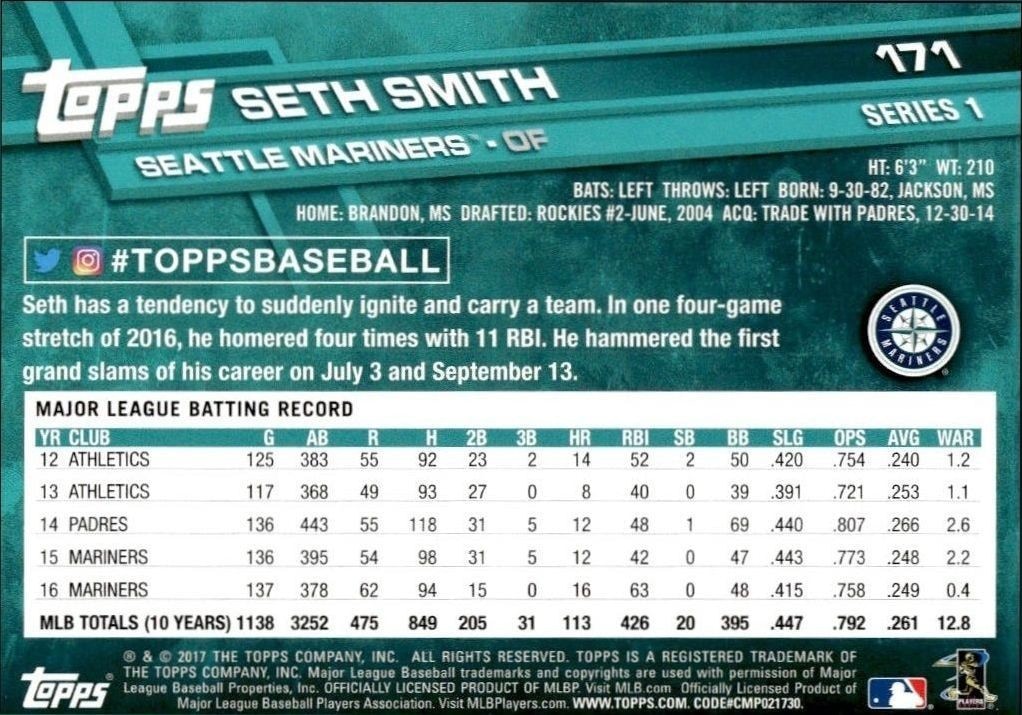 2017 Topps Seth Smith #171 baseball trading card back