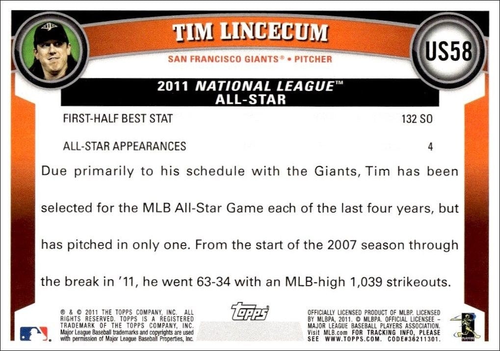2011 Topps Update Series Tim Lincecum #US58 baseball trading card back