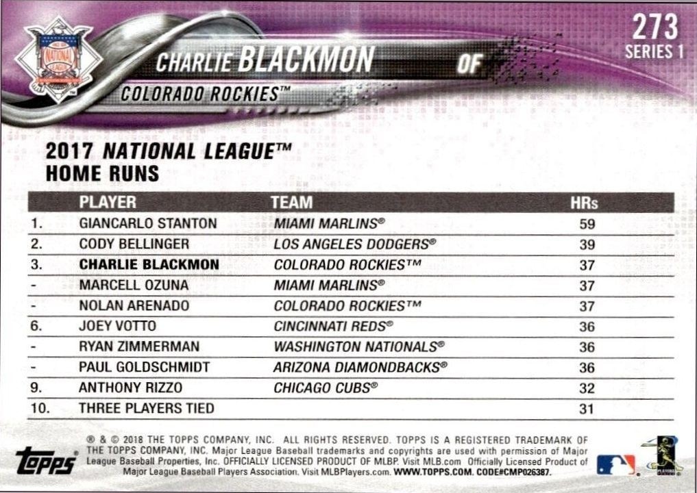 2018 Topps Charlie Blackmon #273 baseball trading card back