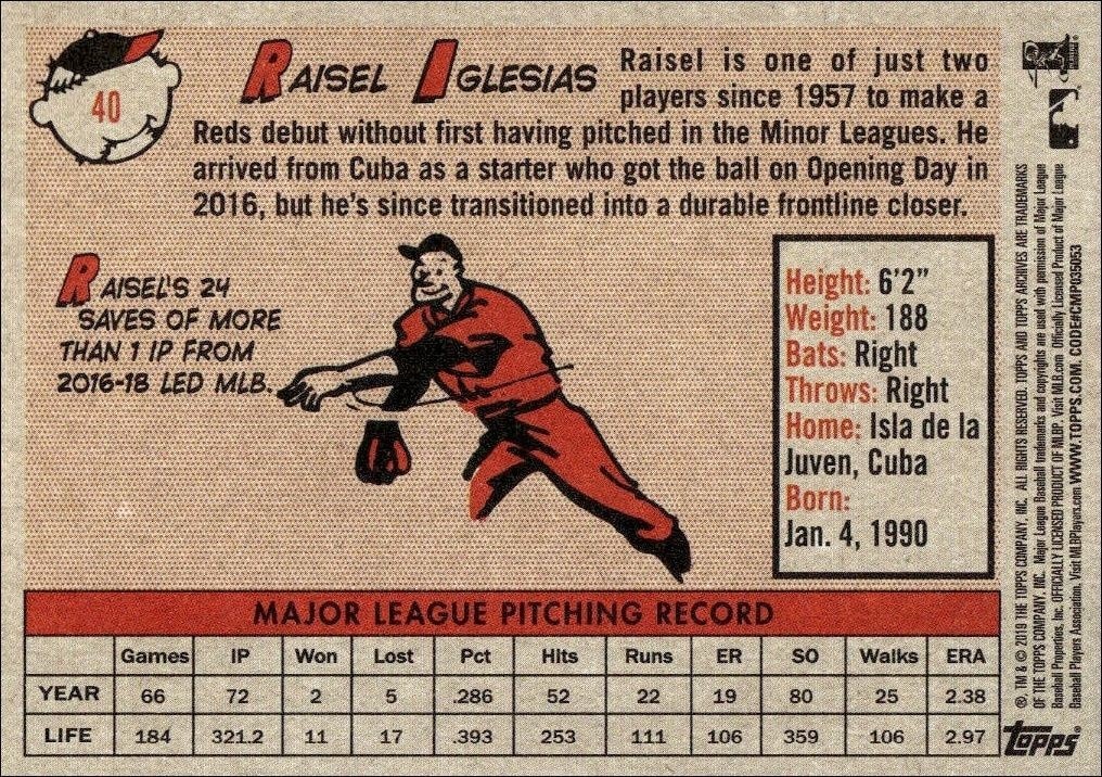2019 Topps Archives Raisel Iglesias #40 baseball trading card back