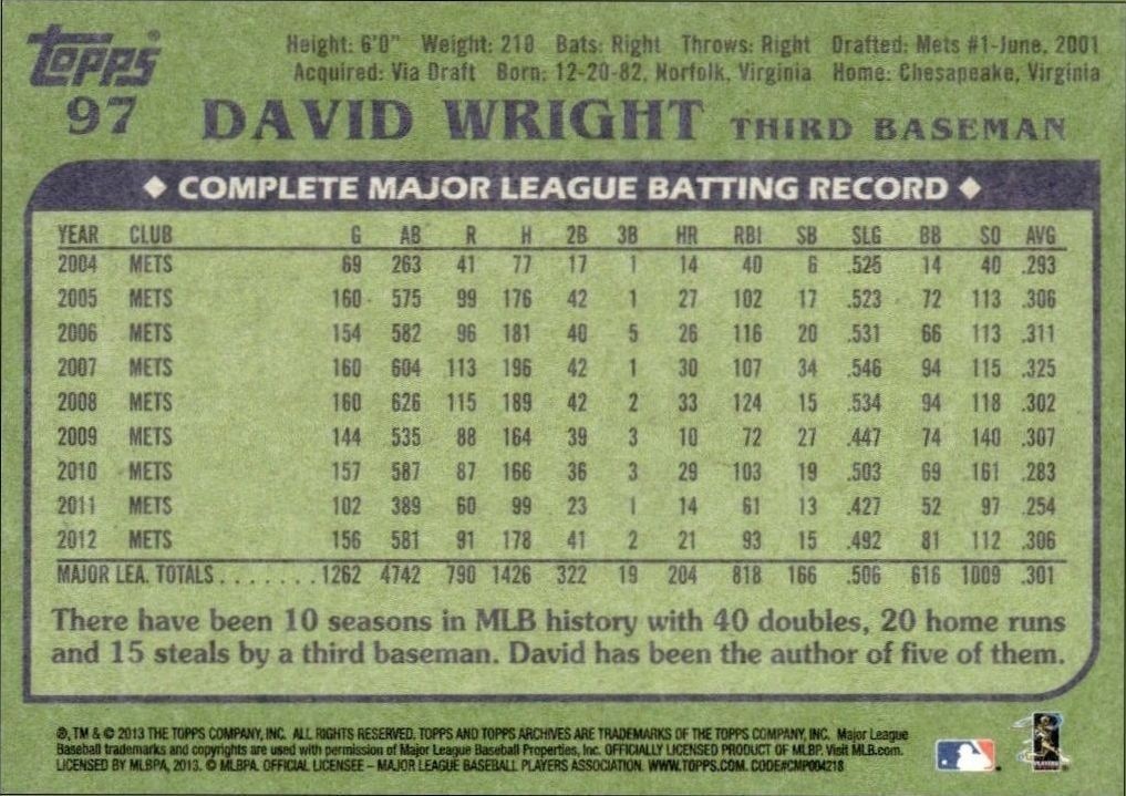 2013 Topps Archives David Wright #97 baseball trading card back