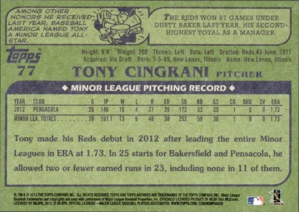 2013 Topps Archives Tony Cingrani #77 baseball trading card back