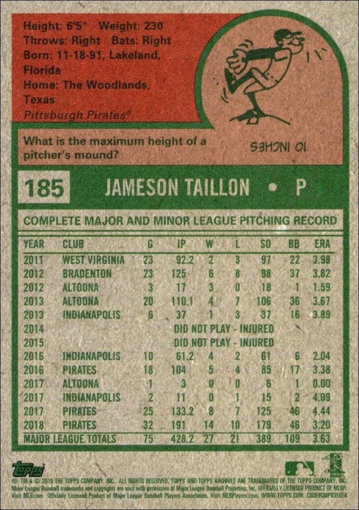 2019 Topps Archives Jameson Taillon #185 baseball trading card back