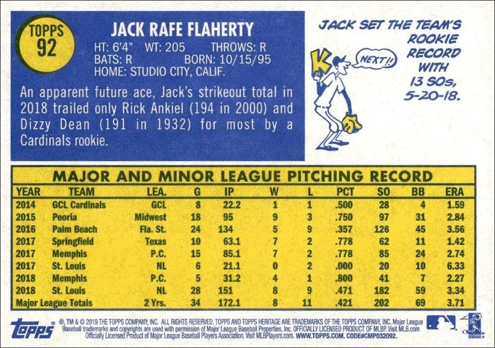 2019 Topps Heritage Jack Flaherty #92 baseball trading card back