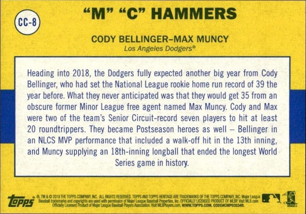 2019 Topps Heritage Cody Bellinger #CC-8 baseball trading card back