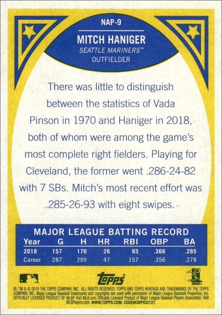 2019 Topps Heritage Mitch Haniger #NAP-9 baseball trading card back