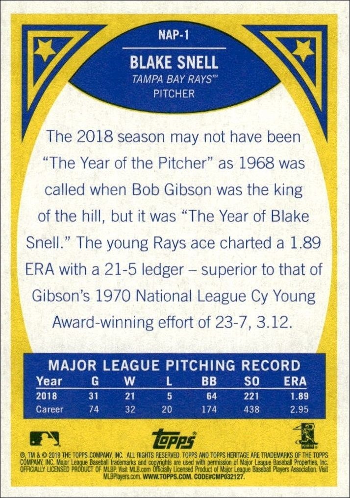 2019 Topps Heritage Blake Snell #NAP-1 baseball trading card back