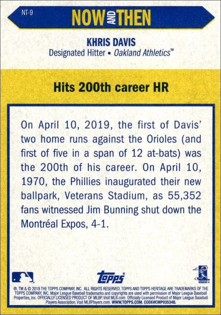 2019 Topps Heritage Khris Davis #NT-9 baseball trading card back