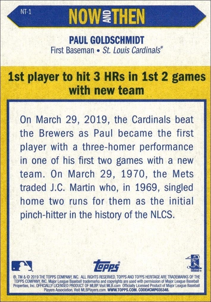 2019 Topps Heritage Paul Goldschmidt #NT-1 baseball trading card back