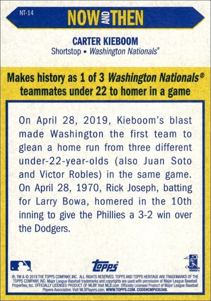 2019 Topps Heritage Carter Kieboom #NT-14 baseball trading card back