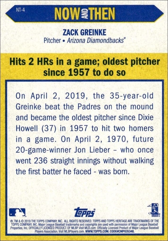 2019 Topps Heritage Zack Greinke #NT-4 baseball trading card back