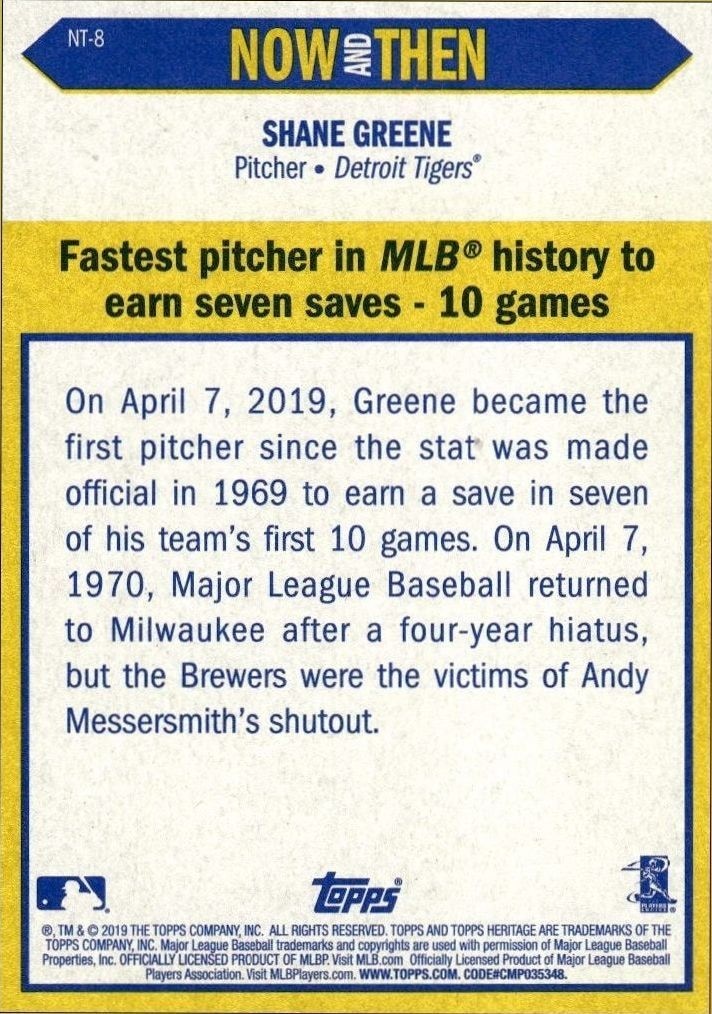 2019 Topps Heritage Shane Greene #NT-8 baseball trading card back