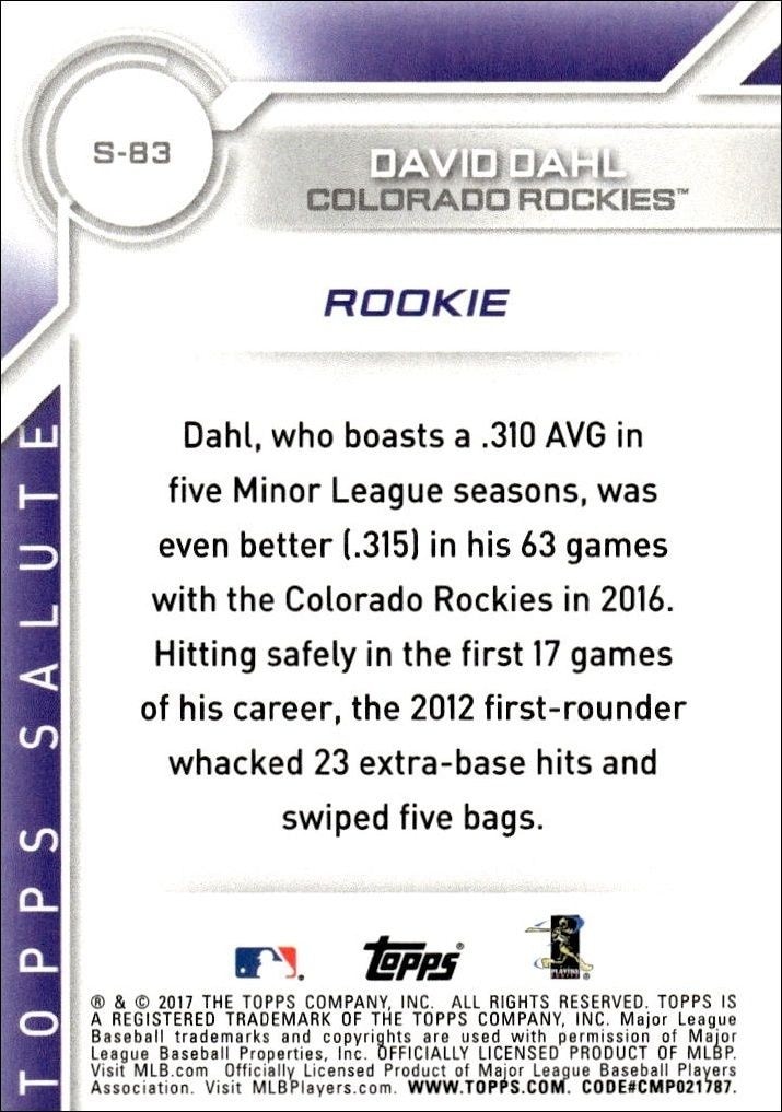 2017 Topps David Dahl #S-83 baseball trading card back
