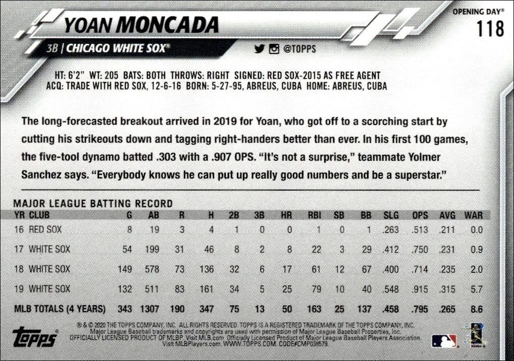 2020 Topps Opening Day Yoan Moncada #118 baseball trading card back