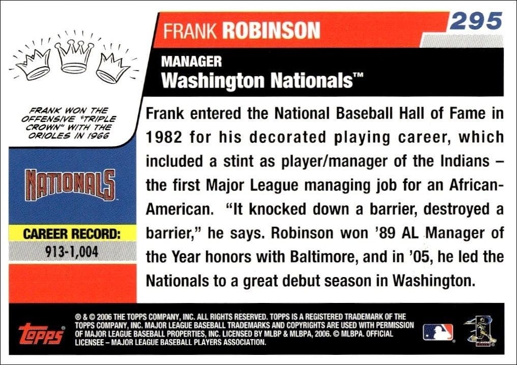 2006 Topps Frank Robinson #295 baseball trading card back