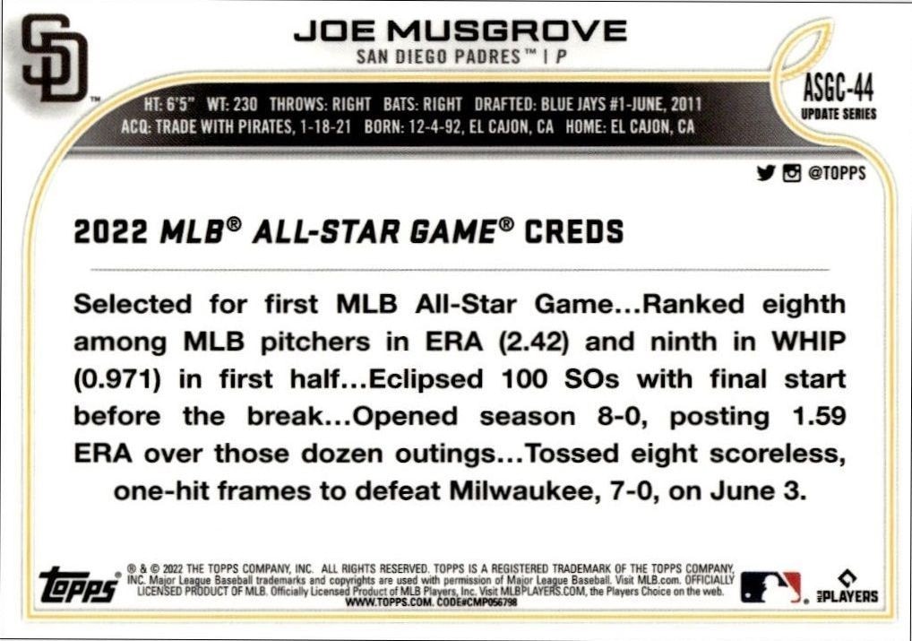 2022 Topps Chrome Update Joe Musgrove #ASGC-44 baseball trading card back