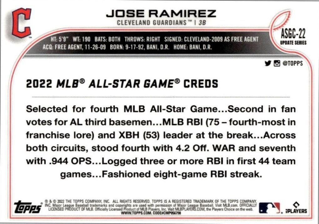 2022 Topps Chrome Update Jose Ramirez #ASGC-22 baseball trading card back