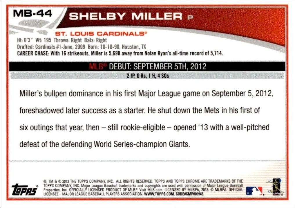 2013 Topps Chrome Update Shelby Miller #MB-44 baseball trading card back