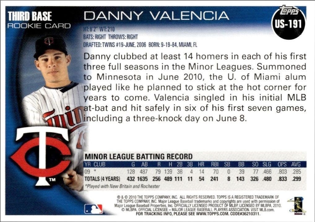 2010 Topps Update Series Danny Valencia #US-191 baseball trading card back