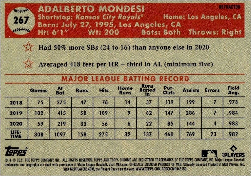 2021 Topps Chrome Platinum Anniversary Adalberto Mondesi #267 baseball trading card back