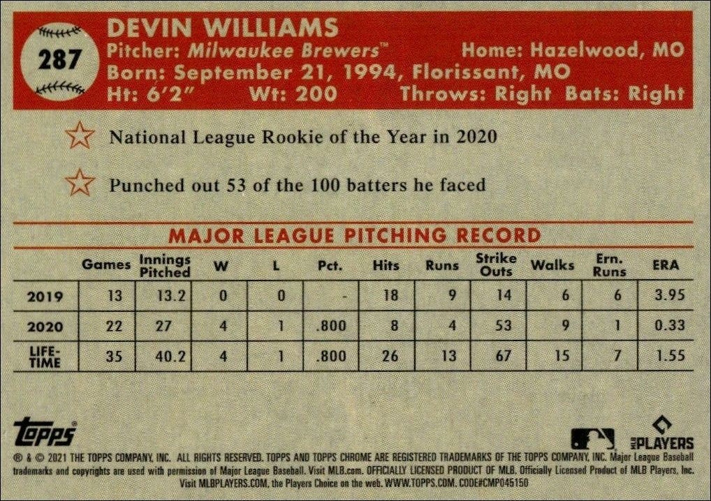 2021 Topps Chrome Platinum Anniversary Devin Williams #287 baseball trading card back