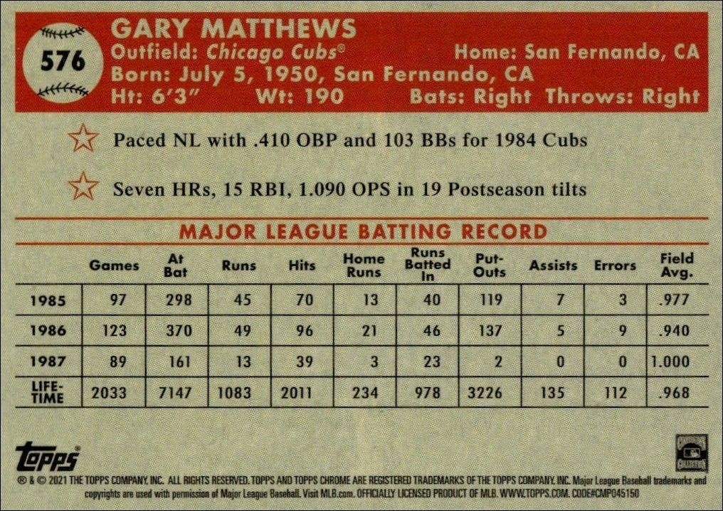 2021 Topps Chrome Platinum Anniversary Gary Matthews #576 baseball trading card back