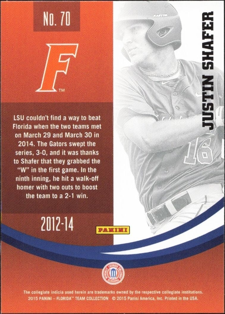 2015 Panini Florida Gators Justin Shafer #70 baseball trading card back