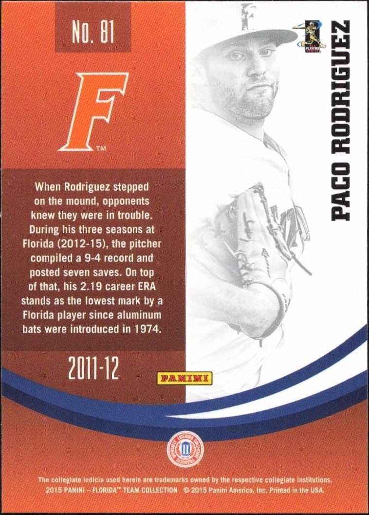 2015 Panini Florida Gators Paco Rodriguez #81 baseball trading card back