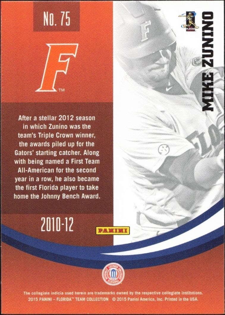 2015 Panini Florida Gators Mike Zunino #75 baseball trading card back