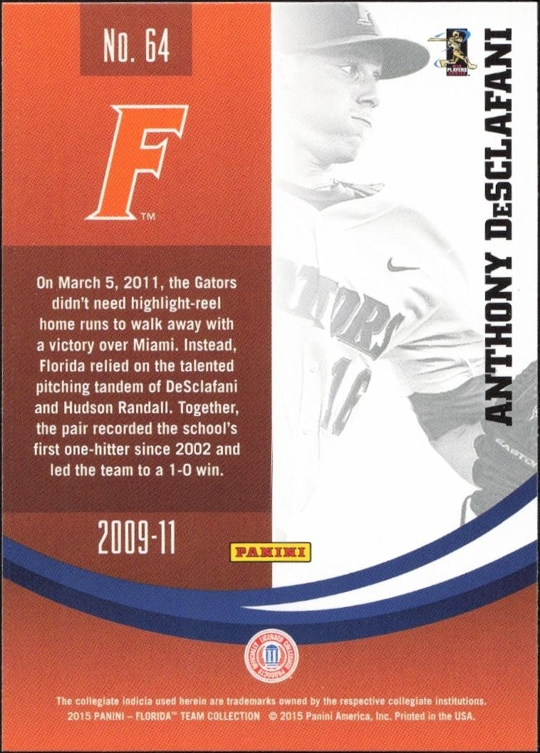 2015 Panini Florida Gators Anthony Desclafani #64 baseball trading card back