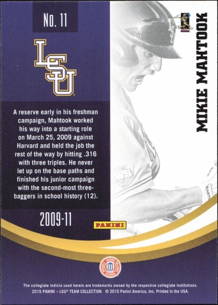 2015 Panini Lsu Tigers Mikie Mahtook #11 baseball trading card back