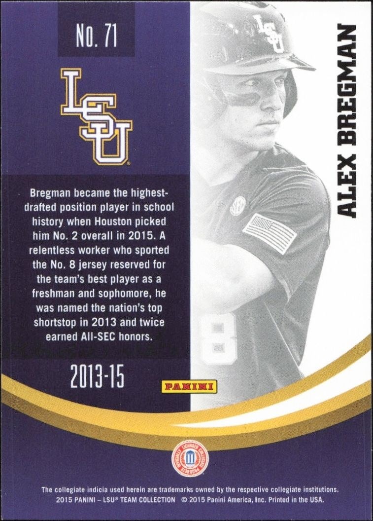2015 Panini Lsu Tigers Alex Bregman #71 baseball trading card back