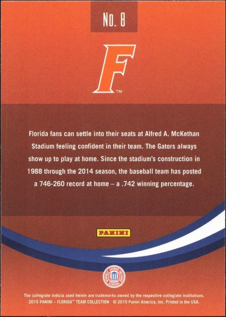 2015 Panini Florida Gators Alfred A. McKethan Stadium #8 baseball trading card back
