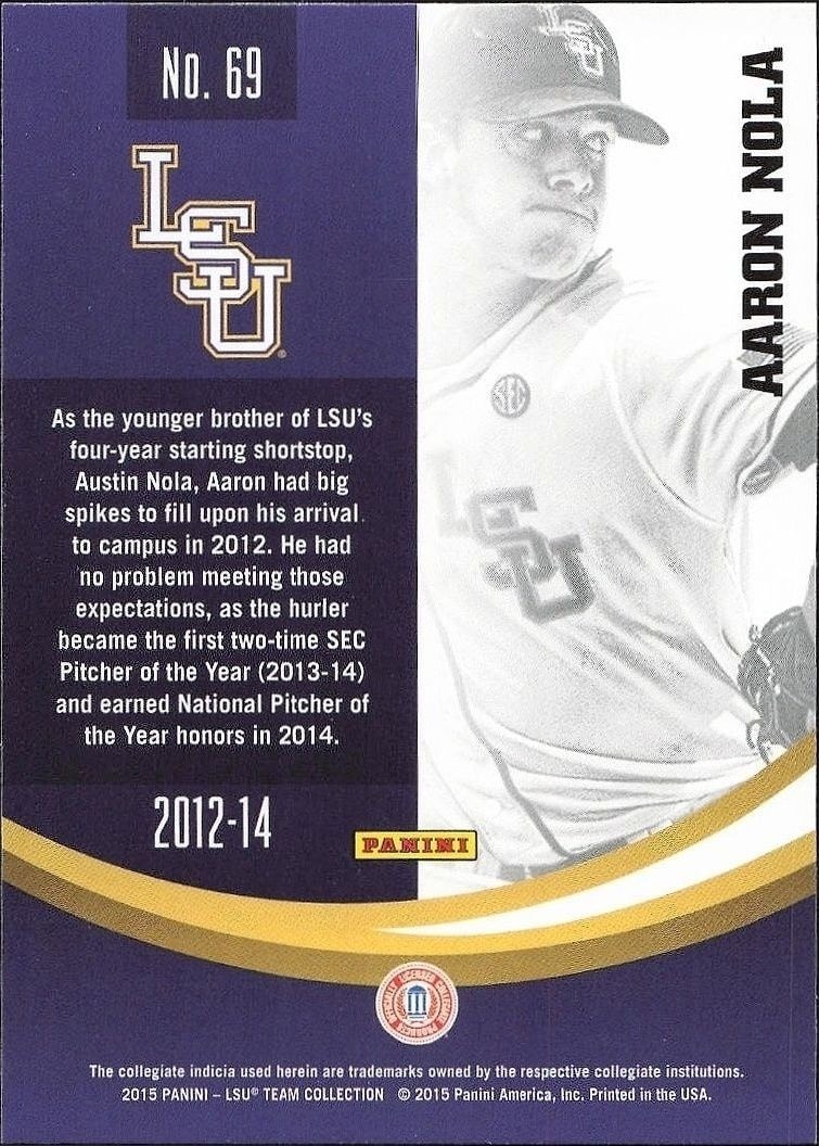 2015 Panini Lsu Tigers Aaron Nola #69 baseball trading card back