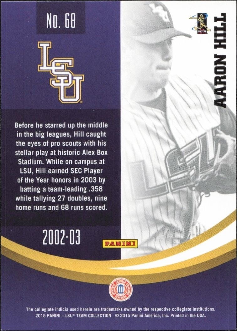 2015 Panini Lsu Tigers Aaron Hill #68 baseball trading card back