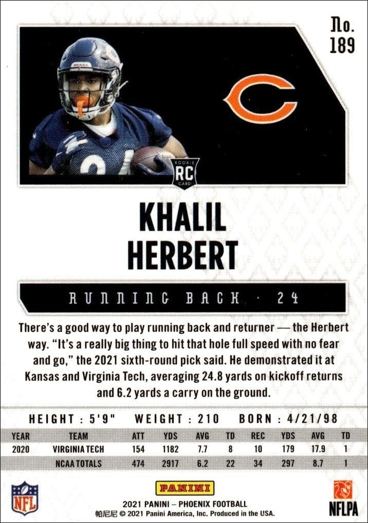 2021 Panini Phoenix Khalil Herbert #189 football trading card back